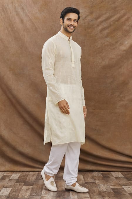 Buy_Aham-Vayam_Cream Cotton Blend Striped Hastkala Kurta Set_Online_at_Aza_Fashions