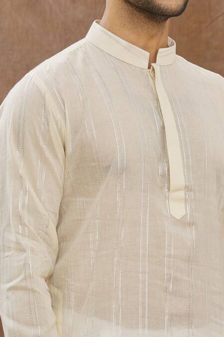 Shop_Aham-Vayam_Cream Cotton Blend Striped Hastkala Kurta Set_Online_at_Aza_Fashions