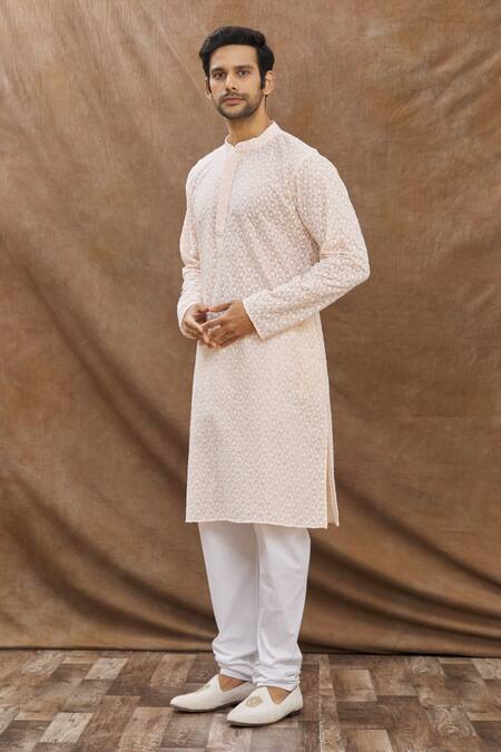 Buy_Aham-Vayam_Coral Cotton Blend Phool Patti Embroidered Kurta Set _Online_at_Aza_Fashions