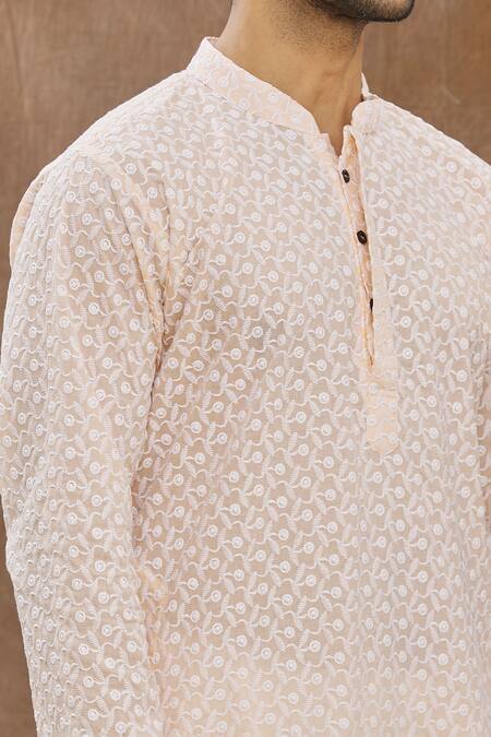 Shop_Aham-Vayam_Coral Cotton Blend Phool Patti Embroidered Kurta Set _Online_at_Aza_Fashions