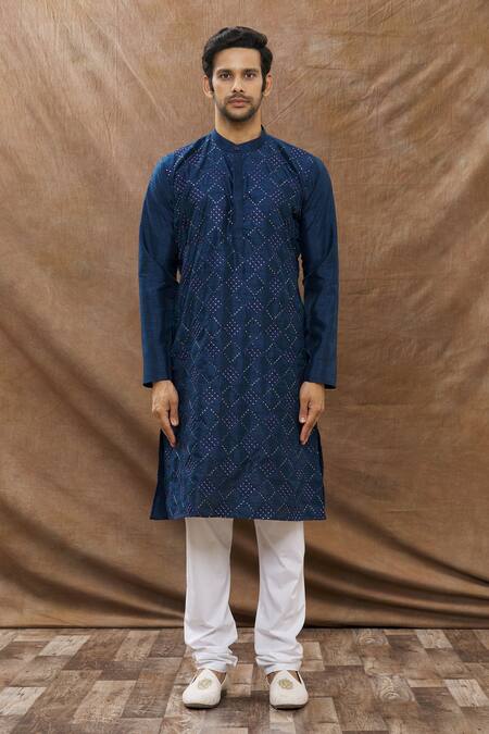 Aham-Vayam_Blue Cotton Blend Diamond Embroidered Kurta Set _Online_at_Aza_Fashions