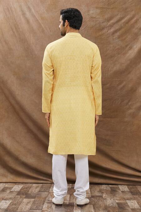 Shop_Aham-Vayam_Yellow Cotton Floral Print Kurta Set _at_Aza_Fashions
