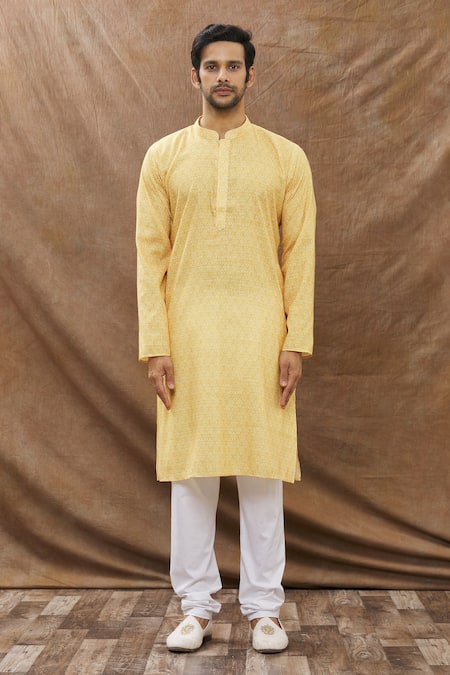 Aham-Vayam_Yellow Cotton Floral Print Kurta Set _Online_at_Aza_Fashions