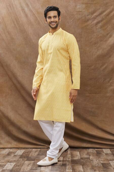Buy_Aham-Vayam_Yellow Cotton Floral Print Kurta Set _Online_at_Aza_Fashions