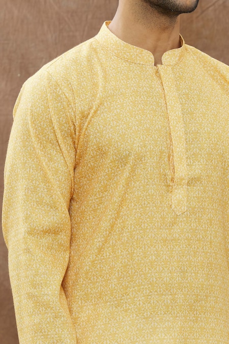 Shop_Aham-Vayam_Yellow Cotton Floral Print Kurta Set _Online_at_Aza_Fashions