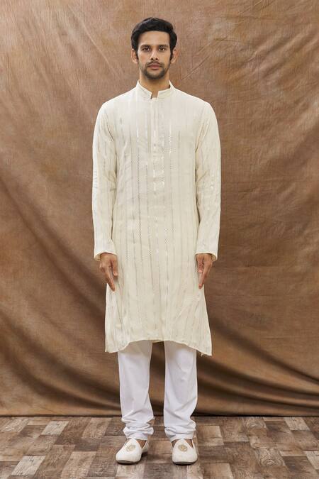 Aham-Vayam_Cream Cotton Blend Striped Lurex Kurta Set _Online_at_Aza_Fashions