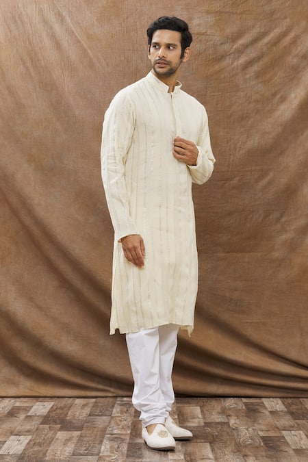 Buy_Aham-Vayam_Cream Cotton Blend Striped Lurex Kurta Set _Online_at_Aza_Fashions