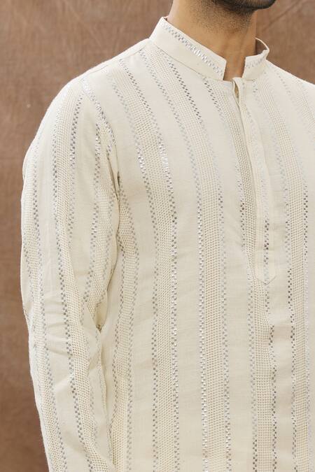 Shop_Aham-Vayam_Cream Cotton Blend Striped Lurex Kurta Set _Online_at_Aza_Fashions