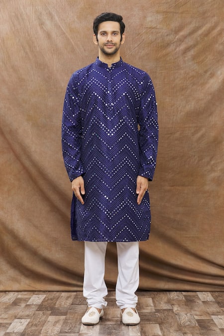 Aham-Vayam_Blue Cotton Blend Zig Zag Mirror Embroidered Kurta Set _Online_at_Aza_Fashions