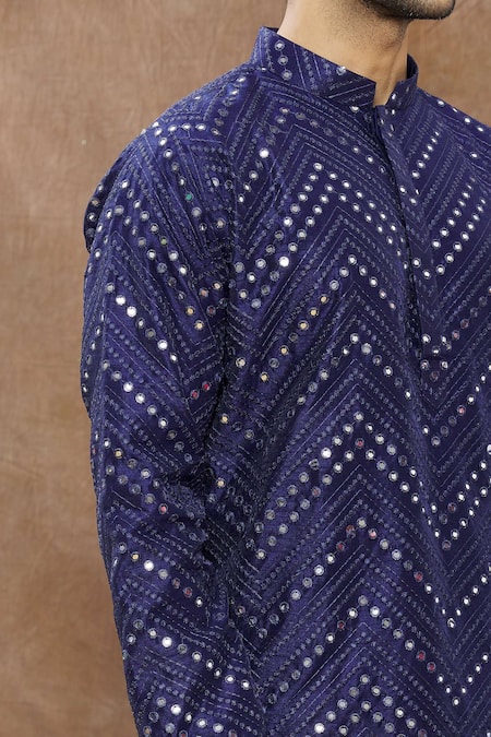 Shop_Aham-Vayam_Blue Cotton Blend Zig Zag Mirror Embroidered Kurta Set _Online_at_Aza_Fashions