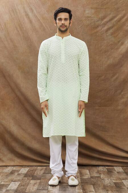 Aham-Vayam_Green Cotton Blend Floral Phool Patti Embroidered Kurta Set_Online_at_Aza_Fashions
