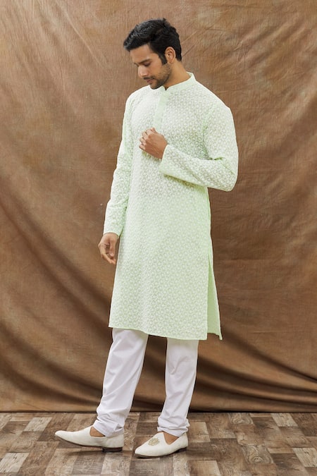 Buy_Aham-Vayam_Green Cotton Blend Floral Phool Patti Embroidered Kurta Set_Online_at_Aza_Fashions