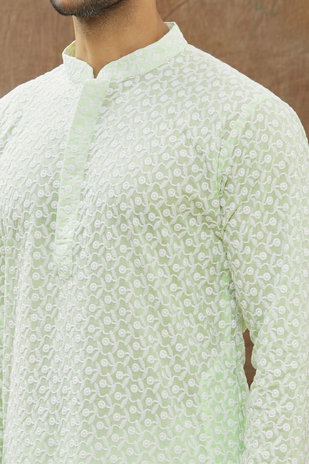 Shop_Aham-Vayam_Green Cotton Blend Floral Phool Patti Embroidered Kurta Set_Online_at_Aza_Fashions