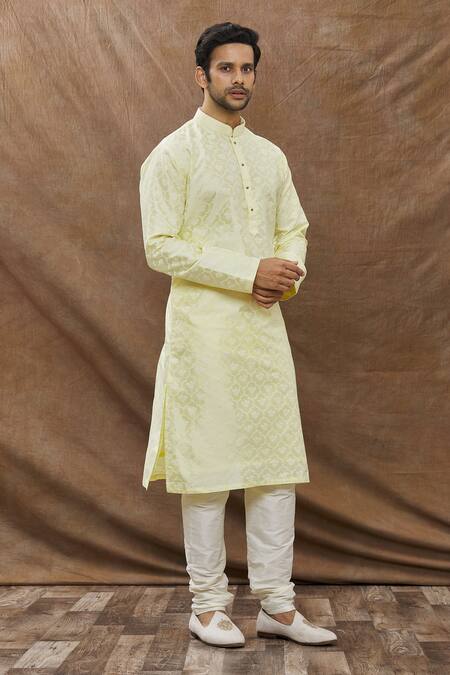 Aham-Vayam Yellow Cotton Mughal Jaali Pattern Kurta Set Online at Aza Fashions Aham-Vayam_Yellow Cotton Mughal Jaali Pattern Kurta Set _Online_at_Aza_Fashions