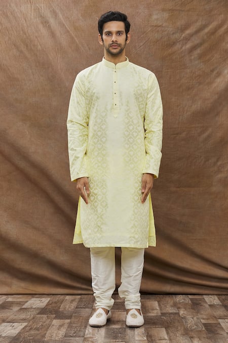 Buy Aham-Vayam Yellow Cotton Mughal Jaali Pattern Kurta Set Online at Aza Fashions Buy_Aham-Vayam_Yellow Cotton Mughal Jaali Pattern Kurta Set _Online_at_Aza_Fashions