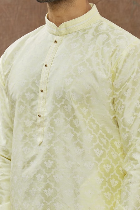 Aham-Vayam Yellow Cotton Mughal Jaali Pattern Kurta Set at Aza Fashions Aham-Vayam_Yellow Cotton Mughal Jaali Pattern Kurta Set _at_Aza_Fashions