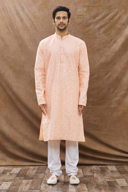 Buy Aham-Vayam Coral Cotton Mirror Embroidered Kurta Set Online at Aza Fashions Buy_Aham-Vayam_Coral Cotton Mirror Embroidered Kurta Set _Online_at_Aza_Fashions