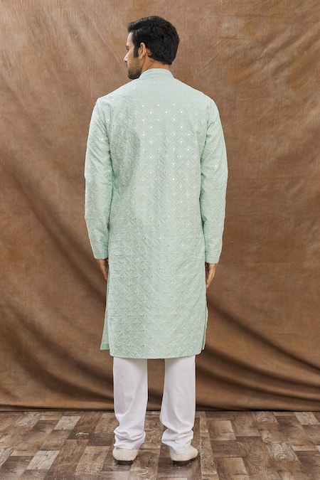 Shop Aham-Vayam Blue Cotton Mirror Embroidered Kurta Set at Aza Fashions Shop_Aham-Vayam_Blue Cotton Mirror Embroidered Kurta Set _at_Aza_Fashions