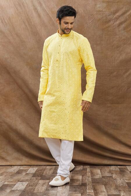 Aham-Vayam_Yellow Cotton Mirror Embroidered Kurta Set _Online_at_Aza_Fashions