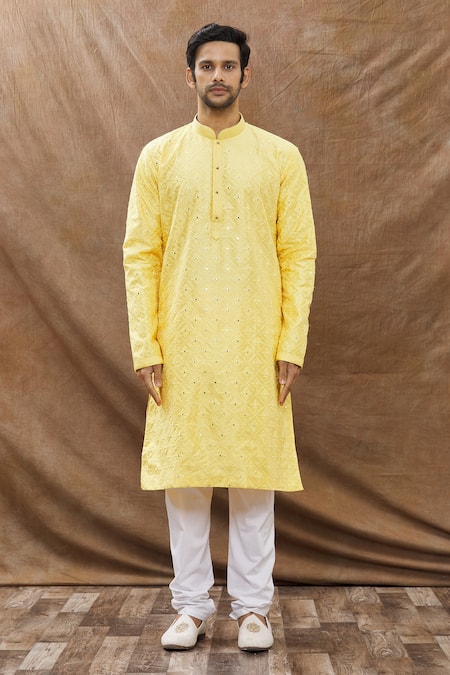 Buy_Aham-Vayam_Yellow Cotton Mirror Embroidered Kurta Set _Online_at_Aza_Fashions