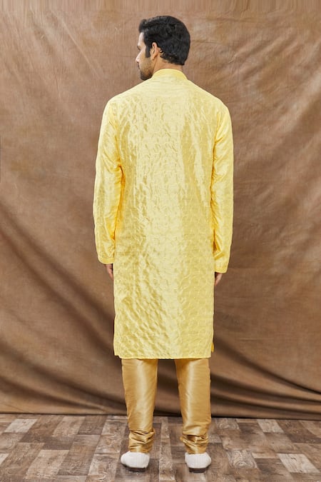 Shop Aham-Vayam Yellow Silk Blend Geometric Embroidered Kurta Set at Aza Fashions Shop_Aham-Vayam_Yellow Silk Blend Geometric Embroidered Kurta Set _at_Aza_Fashions