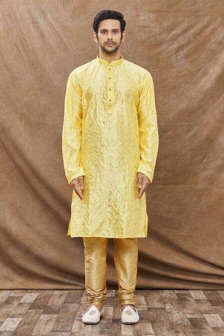 Buy Aham-Vayam Yellow Silk Blend Geometric Embroidered Kurta Set Online at Aza Fashions Buy_Aham-Vayam_Yellow Silk Blend Geometric Embroidered Kurta Set _Online_at_Aza_Fashions