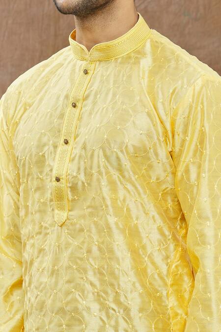 Aham-Vayam Yellow Silk Blend Geometric Embroidered Kurta Set at Aza Fashions Aham-Vayam_Yellow Silk Blend Geometric Embroidered Kurta Set _at_Aza_Fashions