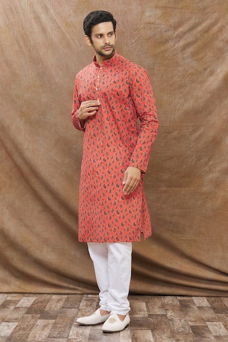 Aham-Vayam_Red Cotton Blend Paisley Print Kurta Set_Online_at_Aza_Fashions