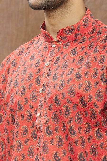 Aham-Vayam_Red Cotton Blend Paisley Print Kurta Set_at_Aza_Fashions