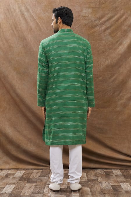 Shop Aham-Vayam Green Cotton Stripe Embroidered Kurta Set at Aza Fashions Shop_Aham-Vayam_Green Cotton Stripe Embroidered Kurta Set _at_Aza_Fashions