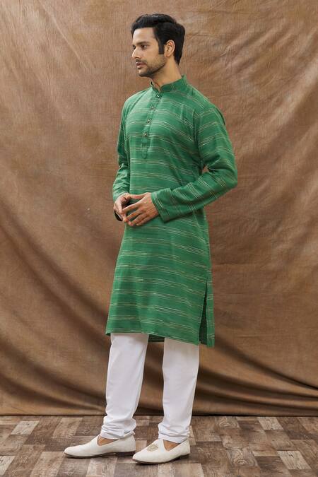 Aham-Vayam Green Cotton Stripe Embroidered Kurta Set Online at Aza Fashions Aham-Vayam_Green Cotton Stripe Embroidered Kurta Set _Online_at_Aza_Fashions