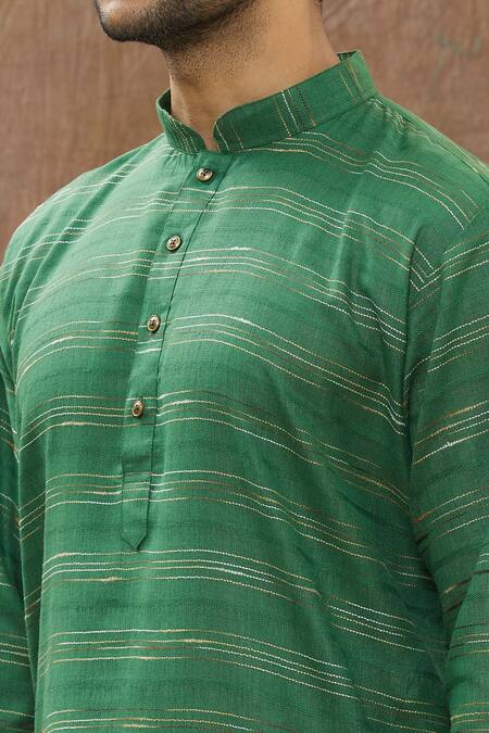 Aham-Vayam Green Cotton Stripe Embroidered Kurta Set at Aza Fashions Aham-Vayam_Green Cotton Stripe Embroidered Kurta Set _at_Aza_Fashions