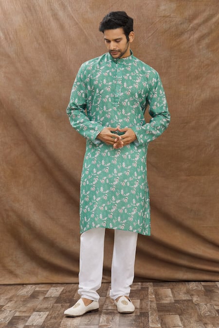 Buy_Aham-Vayam_Green Cotton Floral Print Kurta Set_Online_at_Aza_Fashions