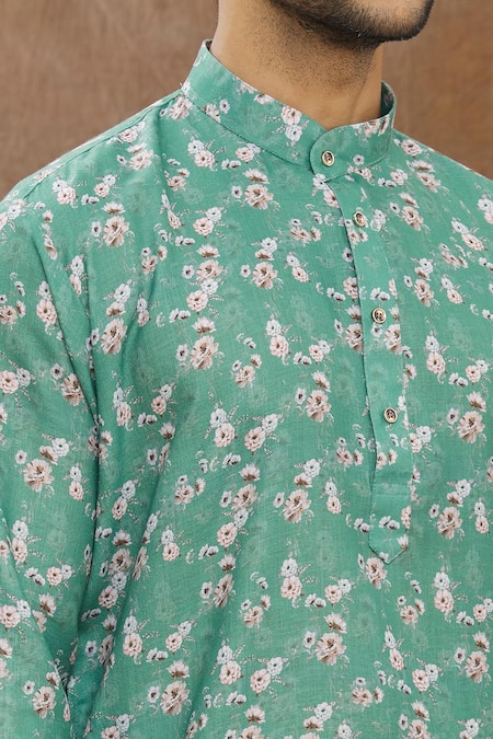 Aham-Vayam_Green Cotton Floral Print Kurta Set_at_Aza_Fashions