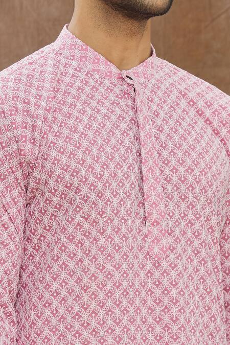 Aham-Vayam Coral Cotton Embroidered Kurta Set at Aza Fashions Aham-Vayam_Coral Cotton Embroidered Kurta Set _at_Aza_Fashions