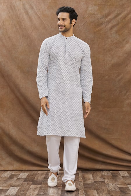 Aham-Vayam Grey Cotton Floral Embroidered Kurta Set Online at Aza Fashions Aham-Vayam_Grey Cotton Floral Embroidered Kurta Set_Online_at_Aza_Fashions