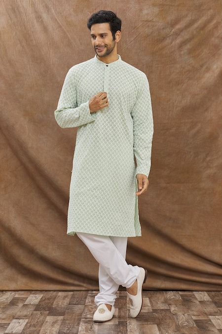 Aham-Vayam_Green Cotton Floral Embroidered Kurta Set _Online_at_Aza_Fashions