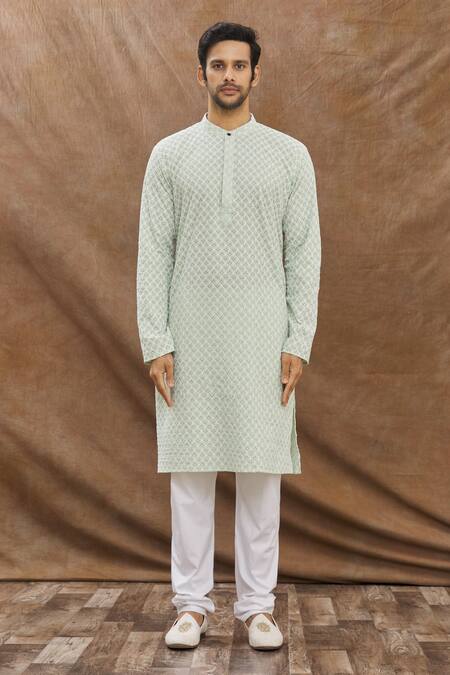 Buy_Aham-Vayam_Green Cotton Floral Embroidered Kurta Set _Online_at_Aza_Fashions