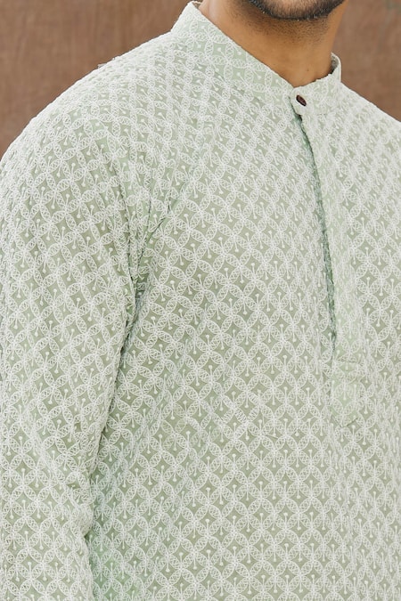 Aham-Vayam_Green Cotton Floral Embroidered Kurta Set _at_Aza_Fashions