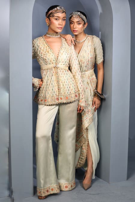 Aditi Gupta_Green Dupatta Silk, Jacket Georgette, Trouser Embroidered Peplum Set With _Online_at_Aza_Fashions