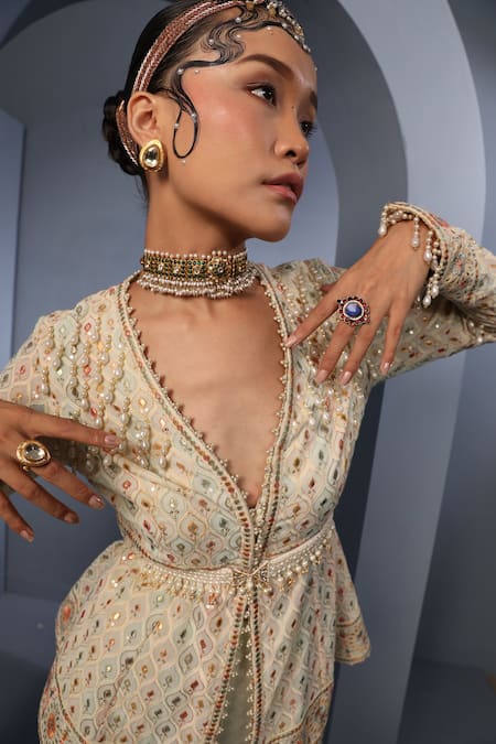 Buy_Aditi Gupta_Green Dupatta Silk, Jacket Georgette, Trouser Embroidered Peplum Set With _Online_at_Aza_Fashions