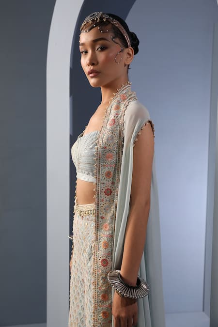 Aditi Gupta_Blue Blouse , Cape Georgette, Palazzo Satin Embellished With Set _Online_at_Aza_Fashions