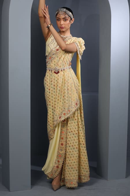 Aditi Gupta Yellow Georgette Hand Embroidered Pearl V Pre-draped Saree With Blouse  