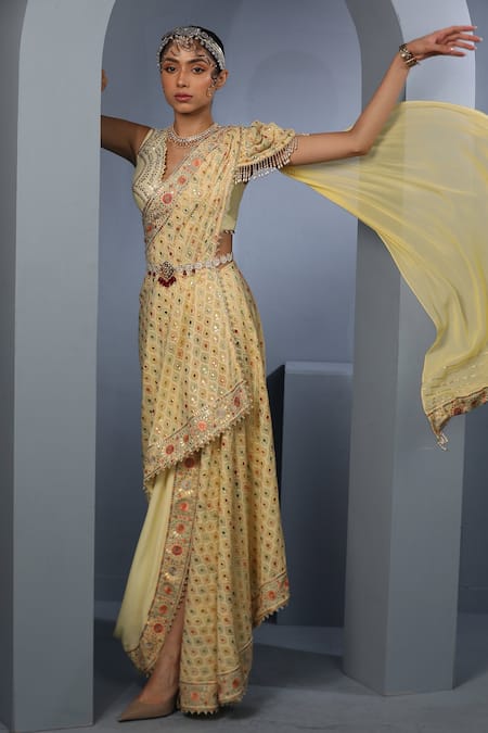 Aditi Gupta_Yellow , Georgette, Satin Gota Embroidered Pre-draped Saree With Blouse _Online_at_Aza_Fashions