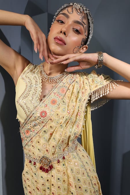 Shop_Aditi Gupta_Yellow , Georgette, Satin Gota Embroidered Pre-draped Saree With Blouse _Online_at_Aza_Fashions