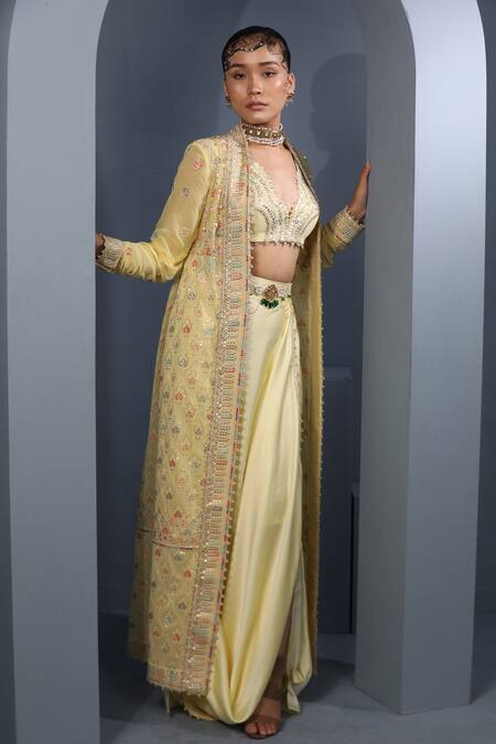 Aditi Gupta_Yellow Blouse , Cape Georgette, Draped Skirt Set With Embroidered _Online_at_Aza_Fashions