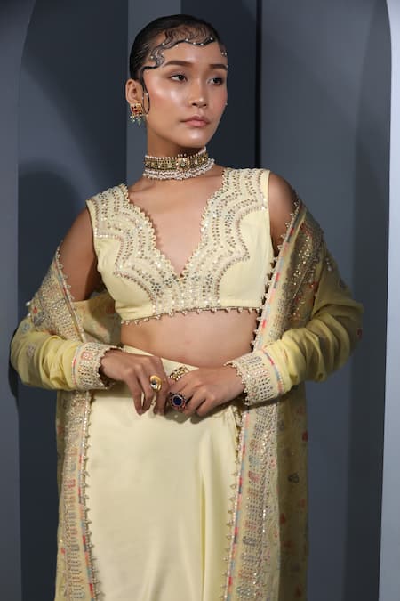 Shop_Aditi Gupta_Yellow Blouse , Cape Georgette, Draped Skirt Set With Embroidered _Online_at_Aza_Fashions