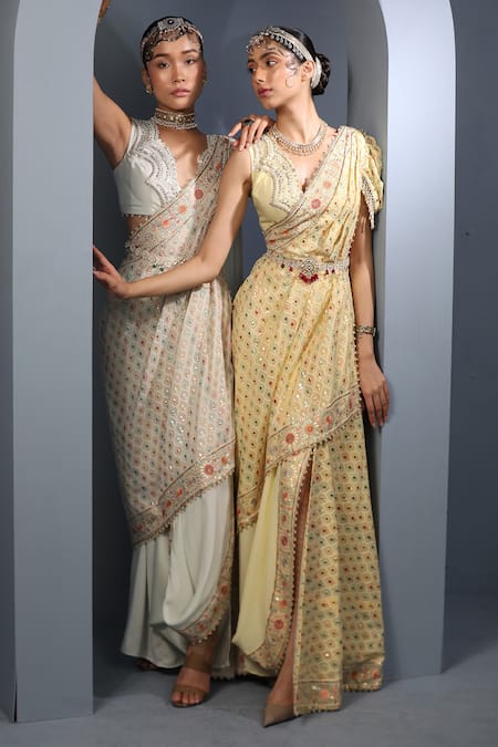 Buy_Aditi Gupta_Blue , Georgette, Satin Floral Embroidered Pre-draped Saree With Blouse _Online_at_Aza_Fashions