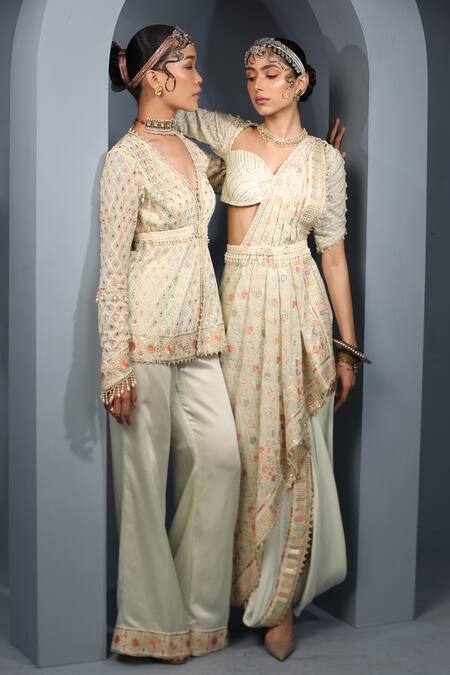 Buy_Aditi Gupta_Green , Georgette, Floral Embroidered Pre-draped Saree With Blouse _Online_at_Aza_Fashions