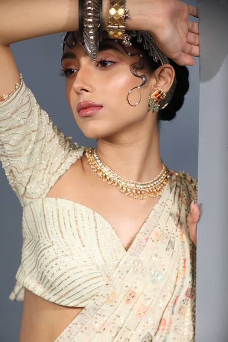 Shop_Aditi Gupta_Green , Georgette, Floral Embroidered Pre-draped Saree With Blouse _Online_at_Aza_Fashions